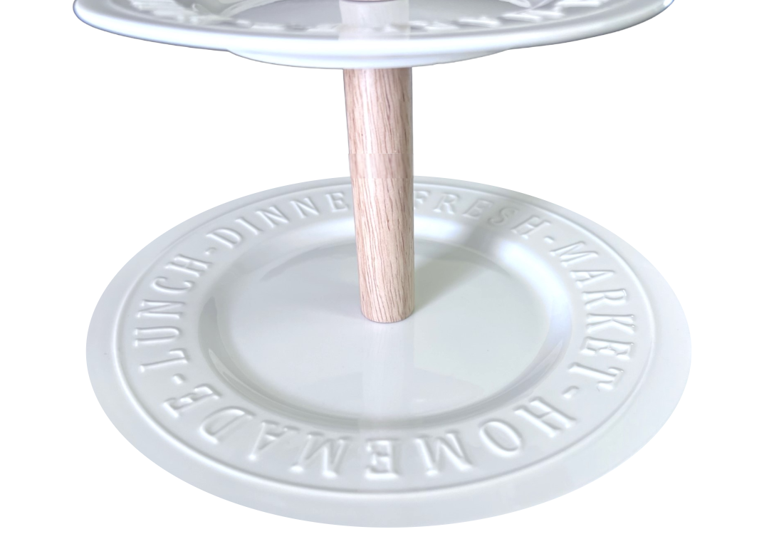 2-Tiered Dessert Stand or Cheese Server, White Ceramic Tray w/Embossed Lettering