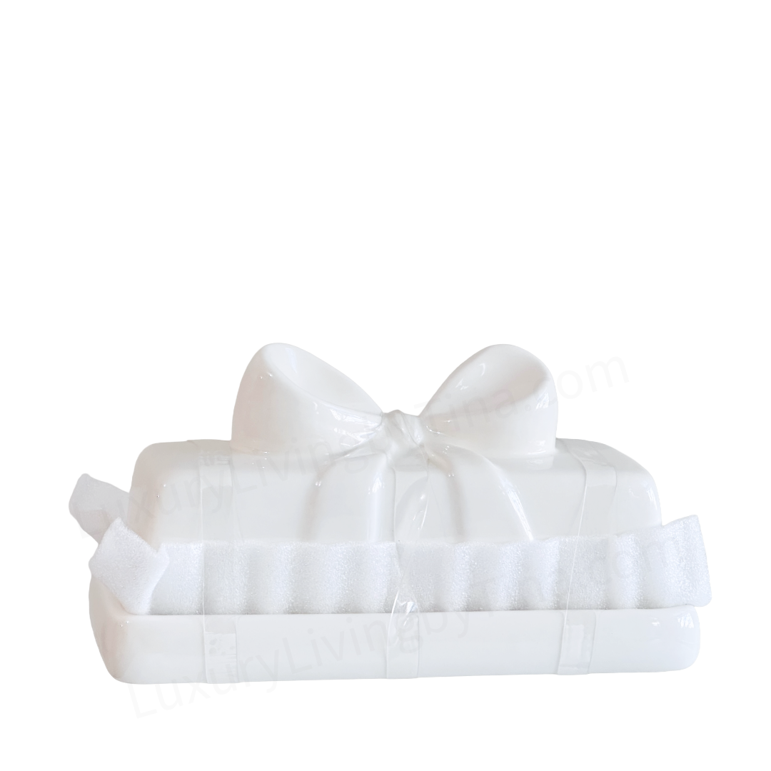 White Ceramic Butter Dish Rectangular Base with Elegant Ceramic Bow on Lid, Wrapped Present Butter Keeper