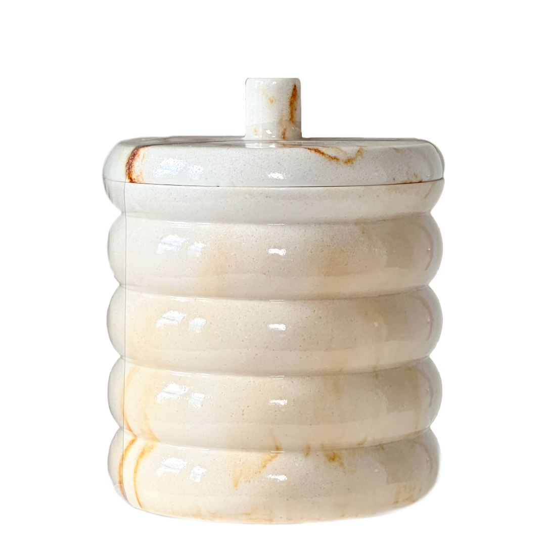 Ceramic Bathroom Accessories Holder w/Lid White & Gold Streams Ribbed Pattern by Envogue