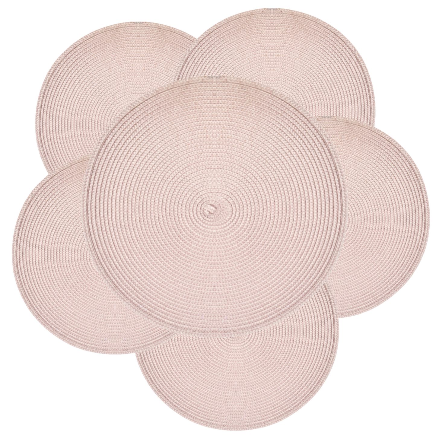 Set of five round blush pink placemats on a white background