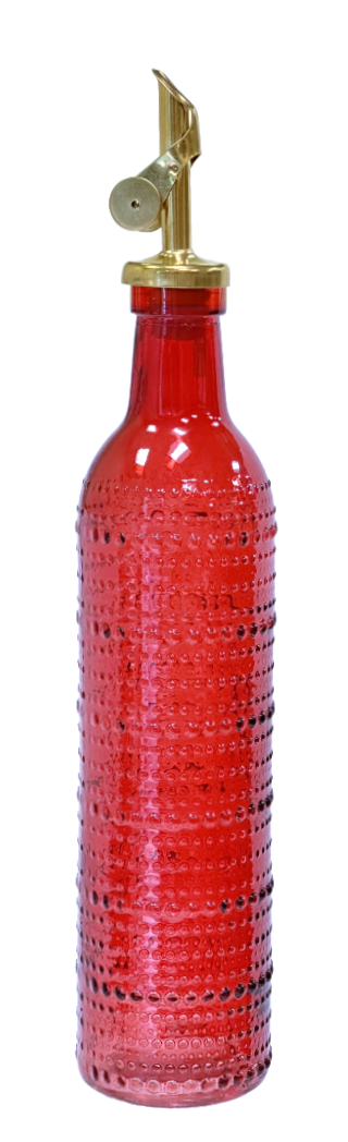 Olive Oil & Vinegar Red HobnailGlass Bottle Dispensers w/Gold Pour & Gold Holder