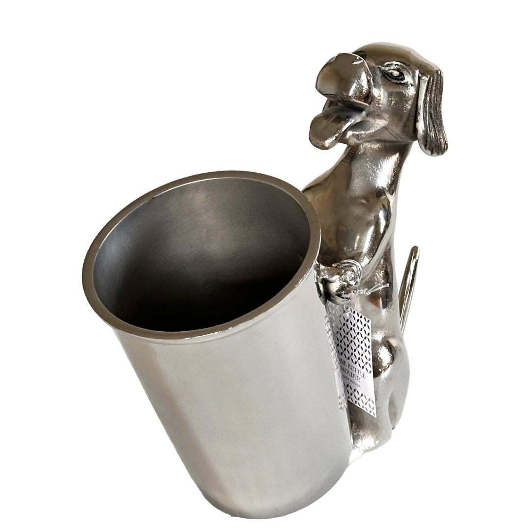 Unique Wine Chiller, Ice Bucket, Adorable Silver Puppy Dog Holding Bucket