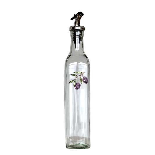 Clear glass bottle with silver nozzle and olive design on a white background