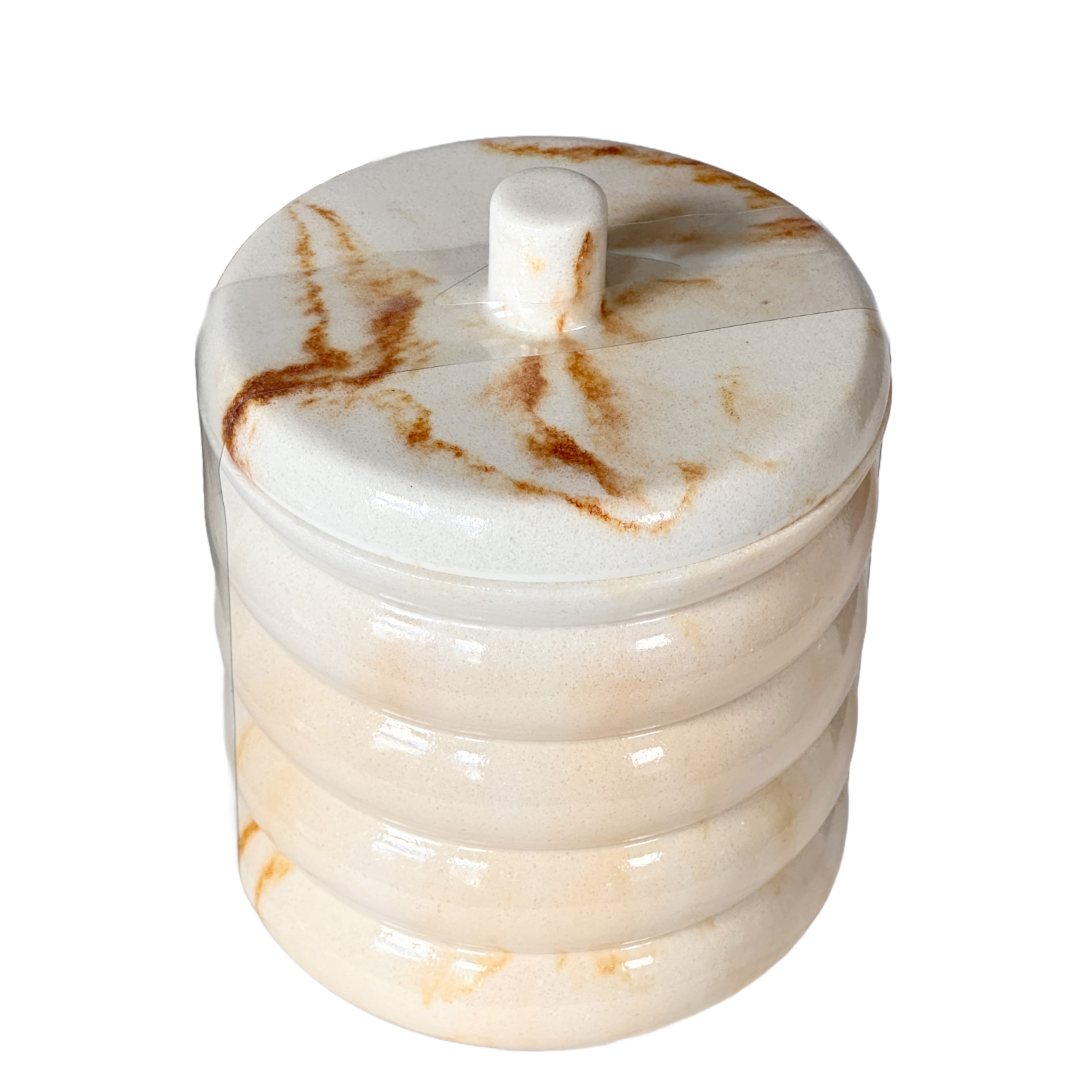 Ceramic Bathroom Accessories Holder w/Lid White & Gold Streams Ribbed Pattern by Envogue