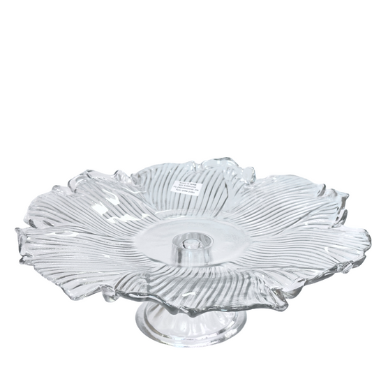 Cake Stand Clear Glass Ribbed Flower Shape with Pedestal, Cupcake Dessert Stand