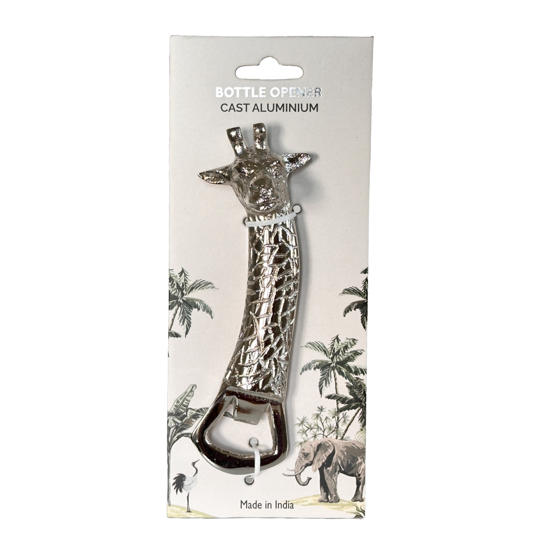 Giraffe-shaped bottle opener on packaging with palm trees and elephant design