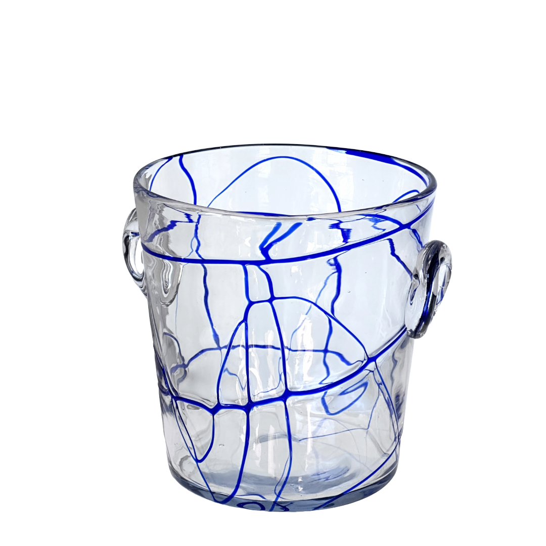 Glass Ice Bucket Champagne Wine Chiller with Royal Blue Swirls and Glass Handles