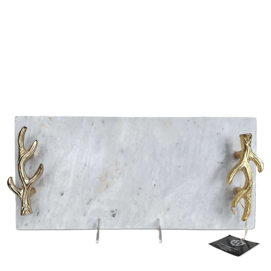 White Marble Charcuterie Cheese Board, Rectangle with Gold Vine Handles
