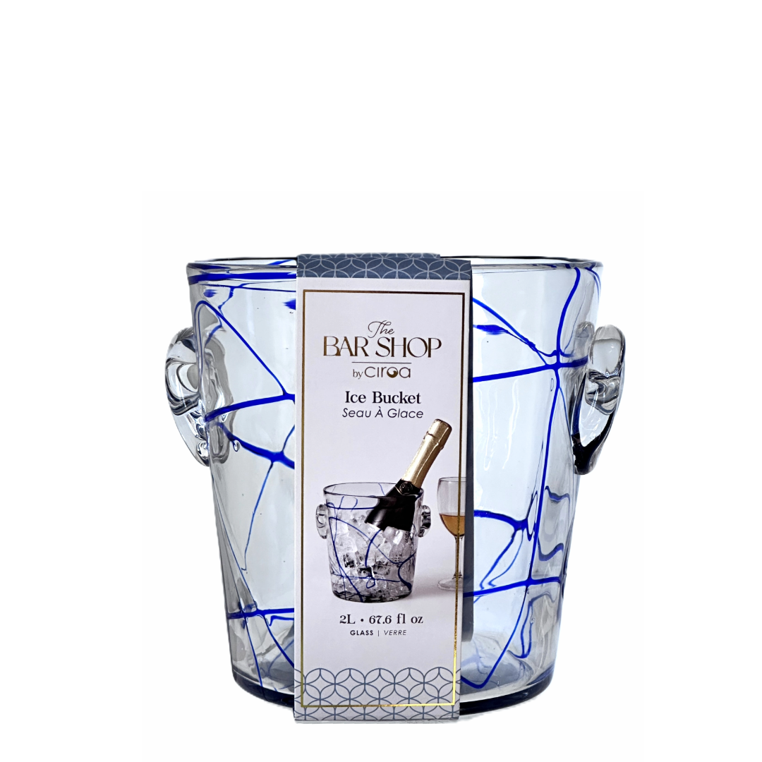 Glass Ice Bucket Champagne Wine Chiller with Royal Blue Swirls and Glass Handles