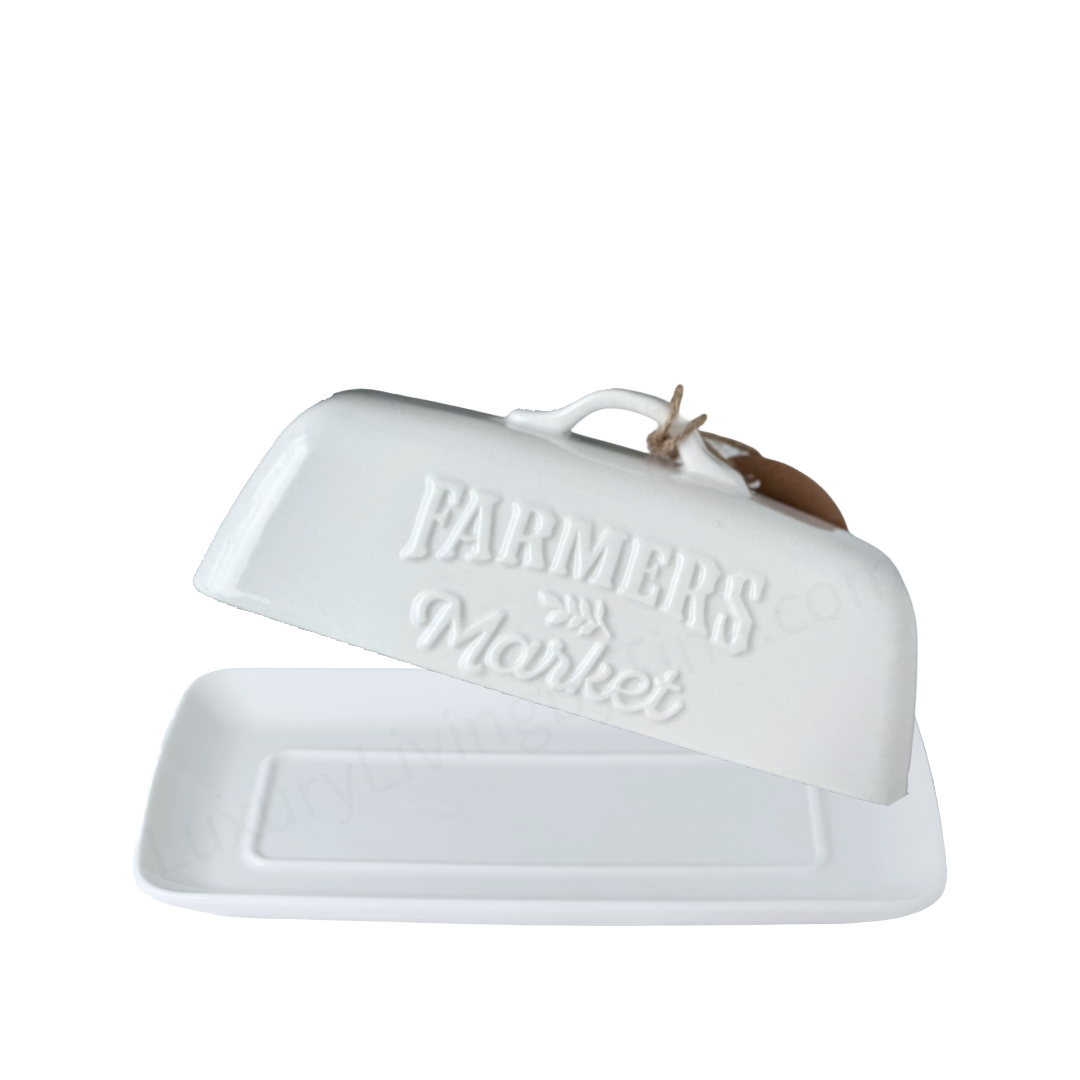 Butter Dish, Butter Keeper White Ceramic Embossed "FARMER'S MARKET" w/Handle