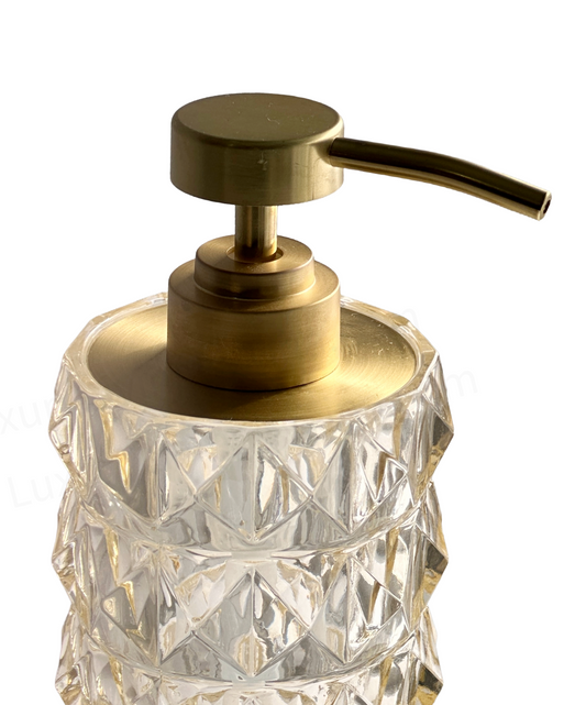Soap Pump Dispenser Crystal Clear Warm Golden Faceted Glass with Brushed Gold Pump