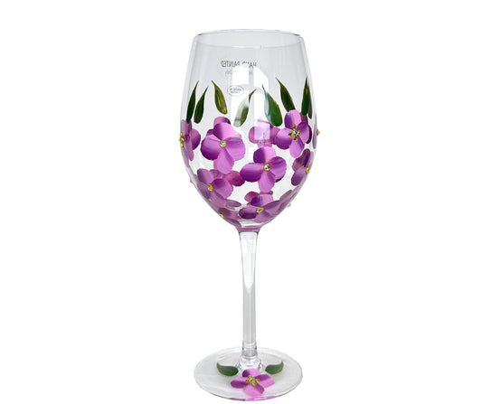 Wine Glass Hand Painted Purple Pansies Yellow Crystal Center Decorative Glass x2