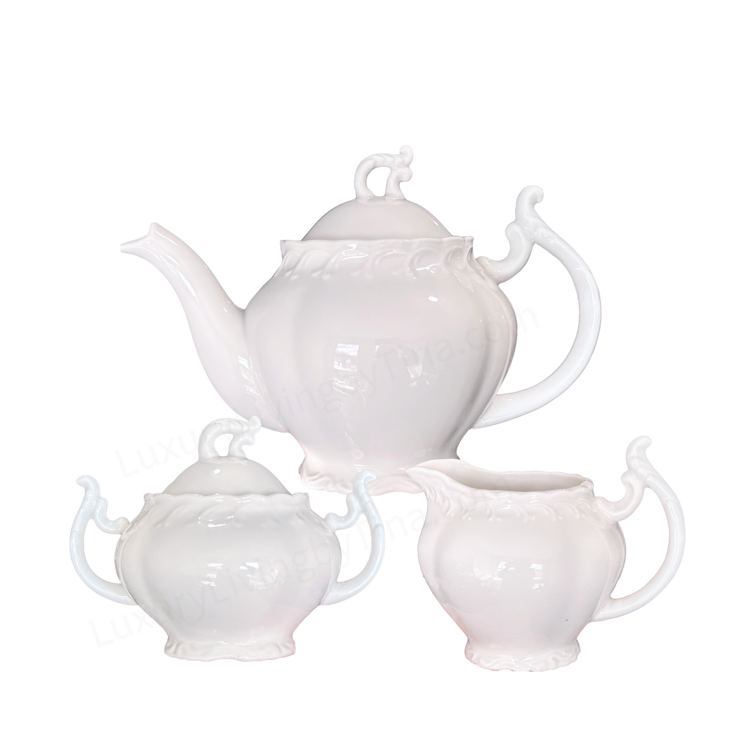 White Porcelain Tea Set – Teapot, Sugar Bowl & Creamer Classic Vintage‑Style Serveware
