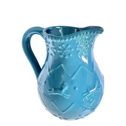 Blue ceramic pitcher with Christmas Reindeer decorative pattern