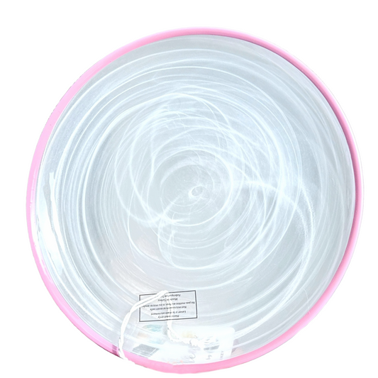 Glass Salad Plates, White Swirl Translucent Glass w/Pink Rim The Art of Tabletop