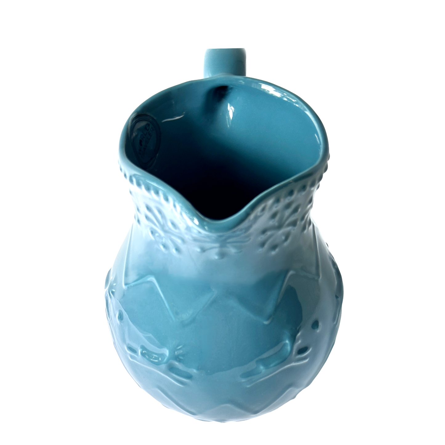 Blue ceramic pitcher with Christmas Reindeer decorative pattern