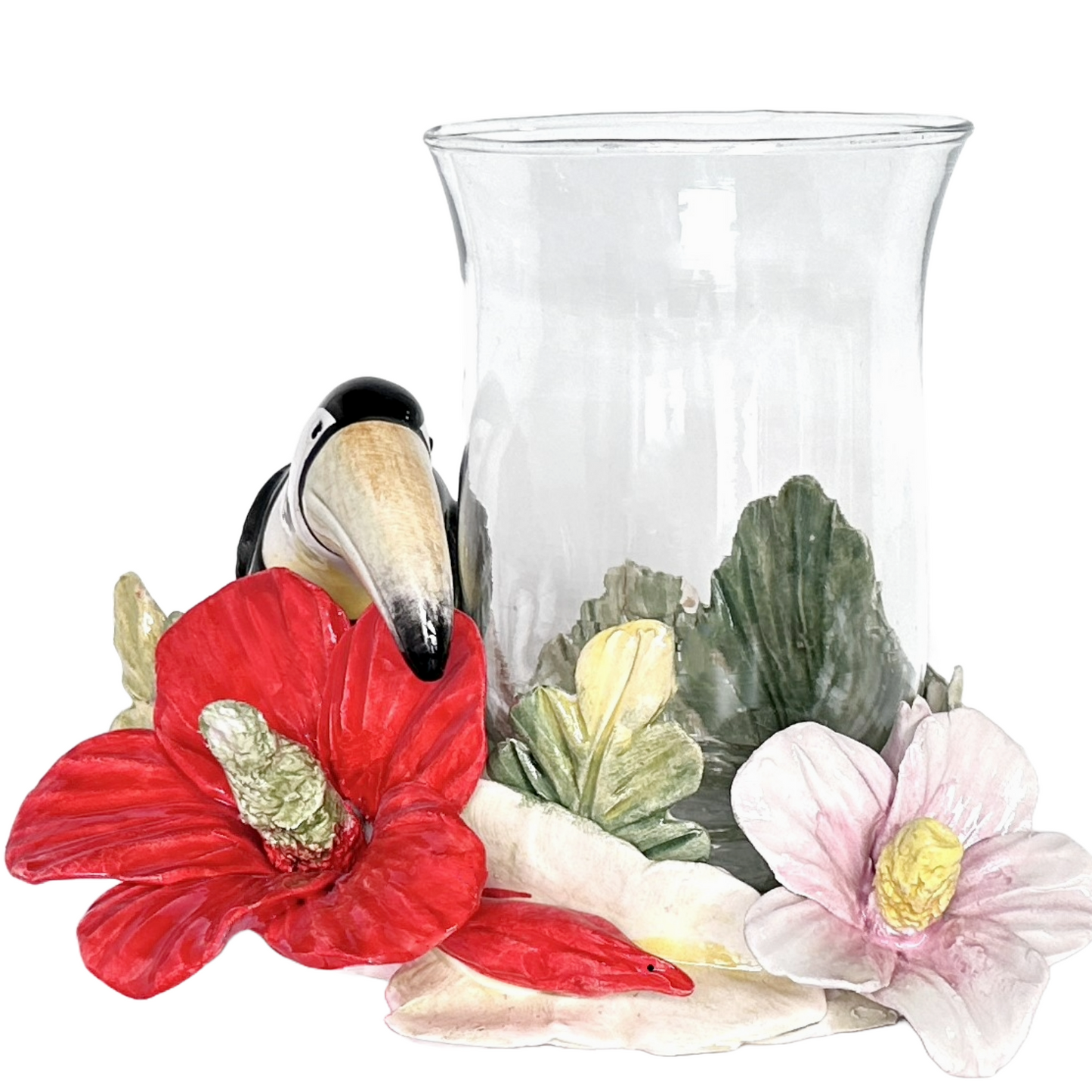 Arte di Capodimonte Hurricane Candle Holder Hand Crafted Painted Parrot with Vibrant Hibiscus