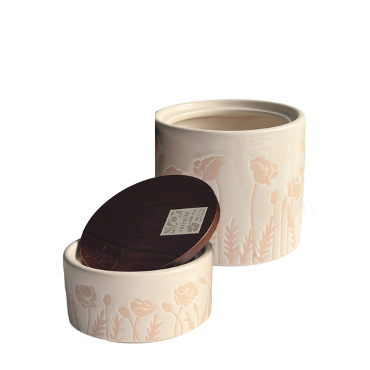 Double Ceramic Storage Canister Cream with Raised Tan Flowers