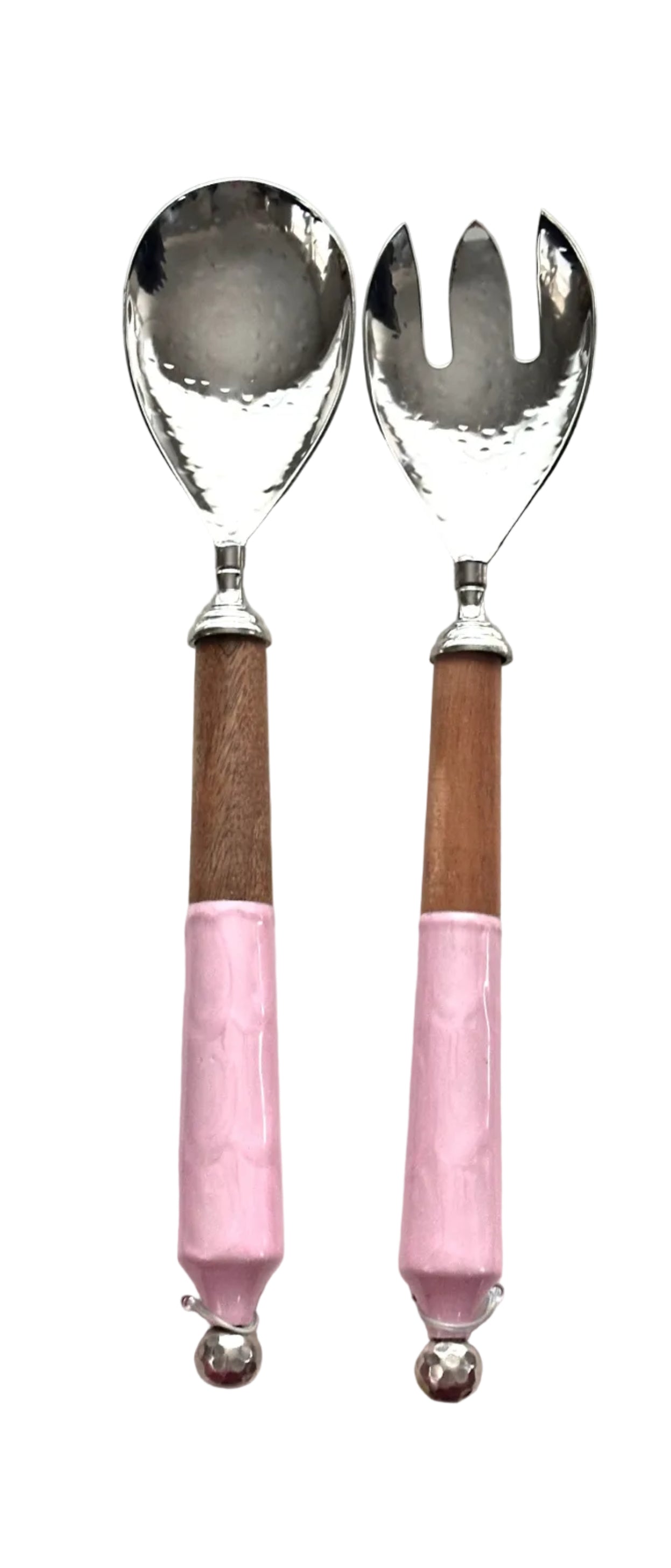 Elegant Salad Servers Pink Handles, Natural Wood Accents & Hammered Metal Heads
