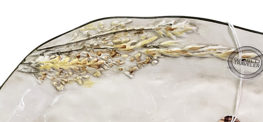 Serving Platter Hand Painted Ceramic Raised Wheat Stalk & Wavy Olive Green Rim