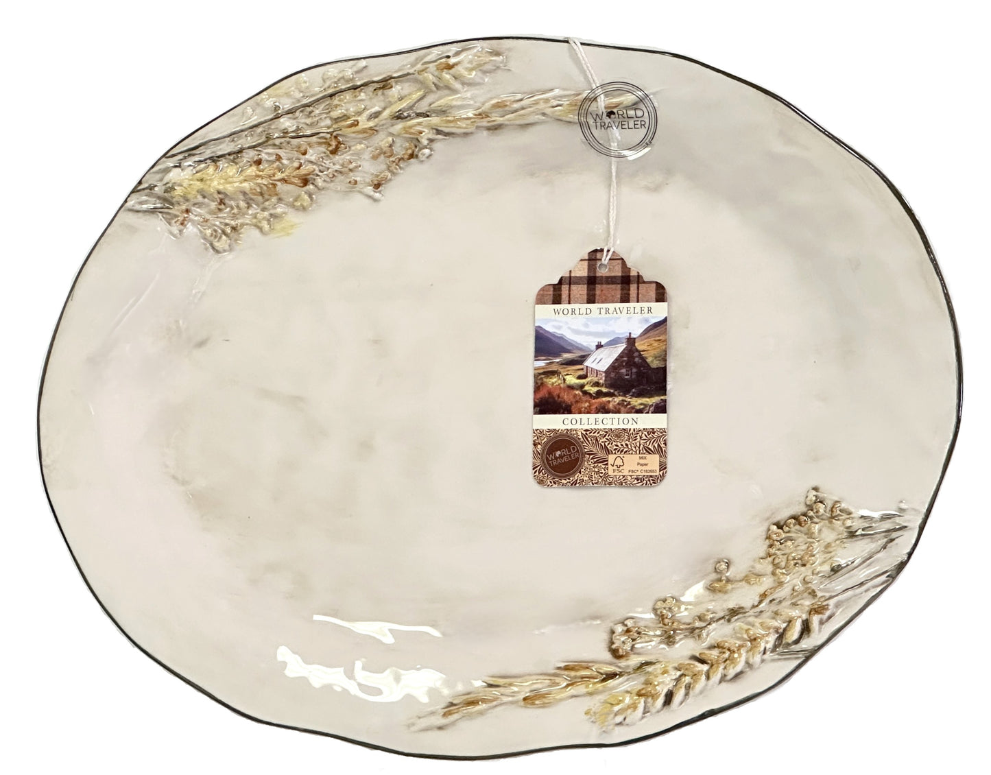 Serving Platter Hand Painted Ceramic Raised Wheat Stalk & Wavy Olive Green Rim