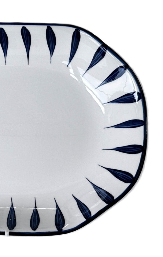 Medici Ceramic Round Rectangle Serving Platter White & Blue Ticks 12" x 7"