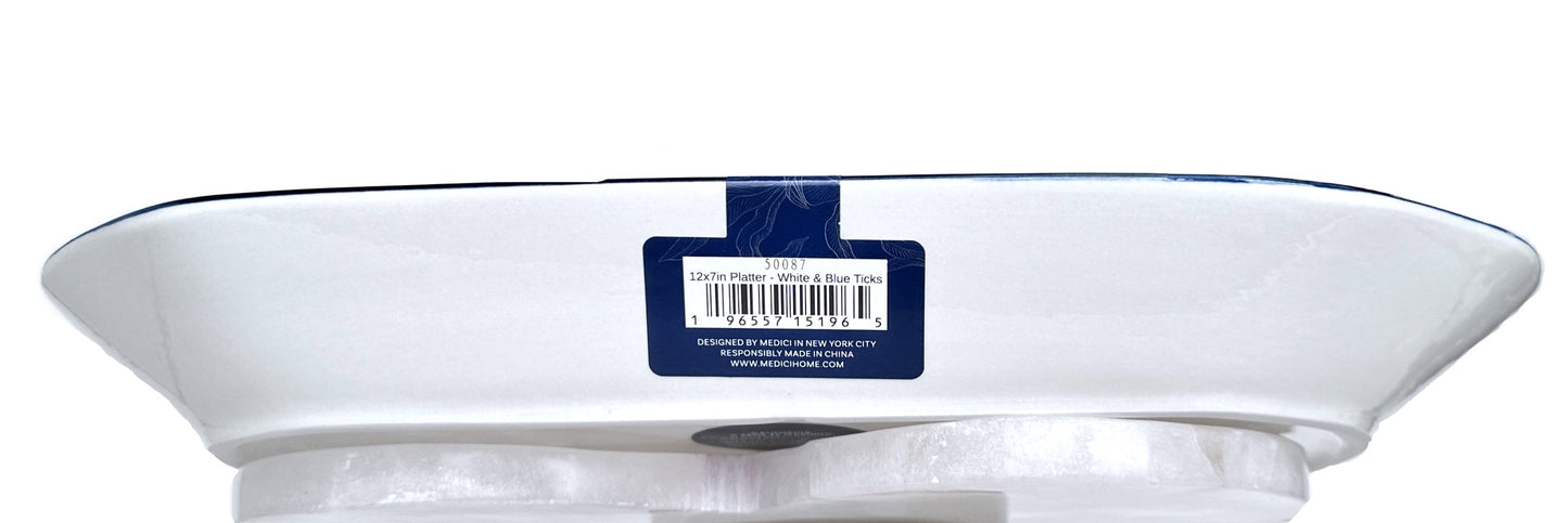 Medici Ceramic Round Rectangle Serving Platter White & Blue Ticks 12" x 7"