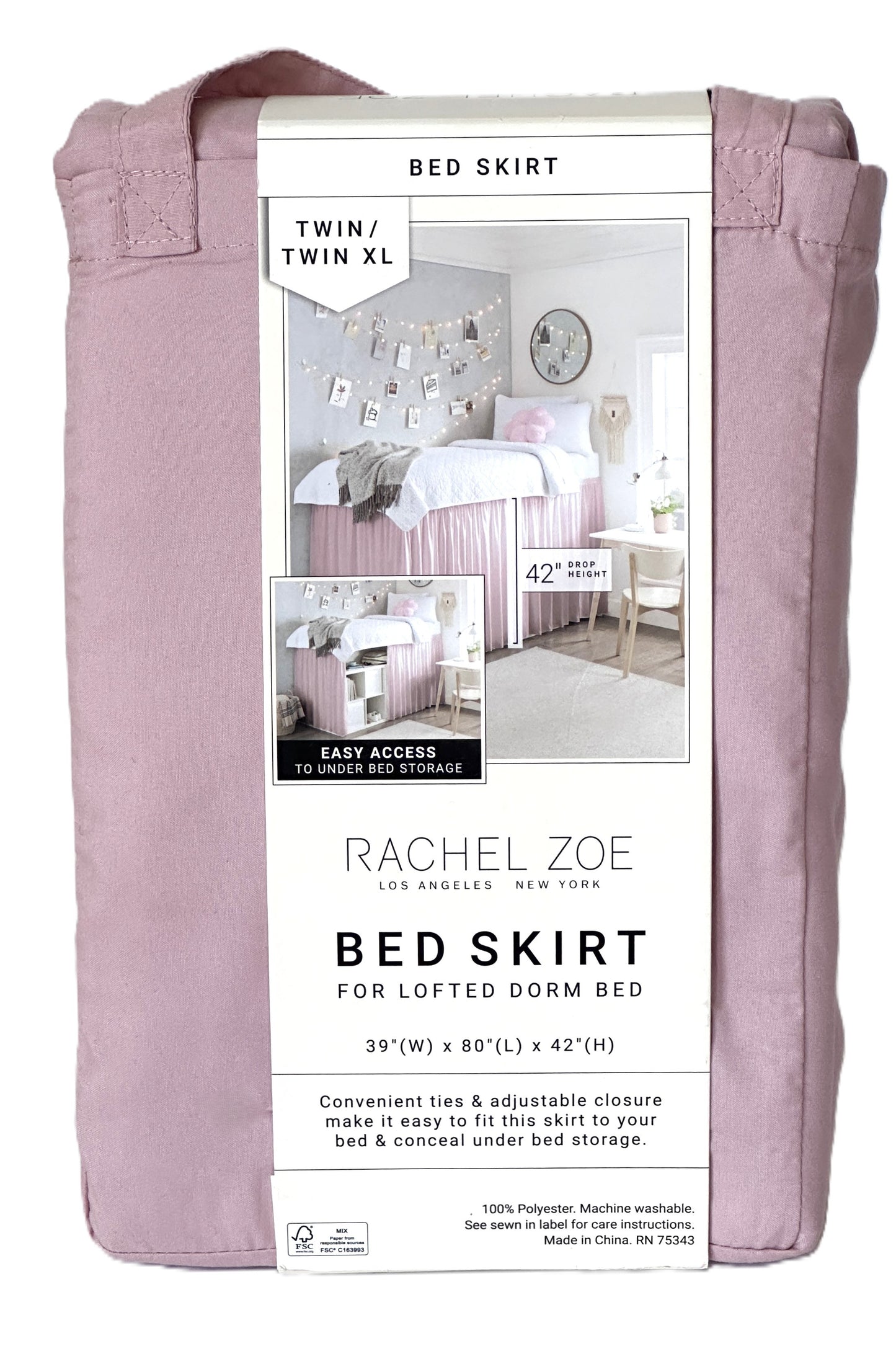 Bed Skirt Pink Twin Extra Long Lofted Dorm Bed 42" Drop Height by Rachel Zoe