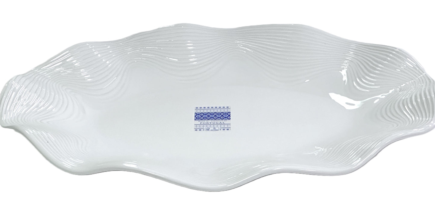 Large Oval Porcelain Serving Platter White Ribbed Wavy Pattern w/Scalloped Rim
