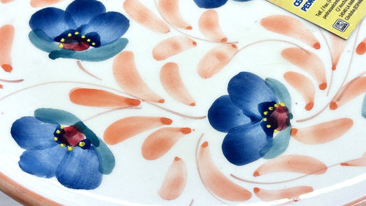 Ceramic cakestand peach, blue, & yellow, branded 'Pedraza Ceramica Spain'.