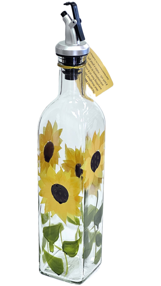 Olive Oil Vinegar Dispenser w/Hand Painted Sunflowers Glass Bottle