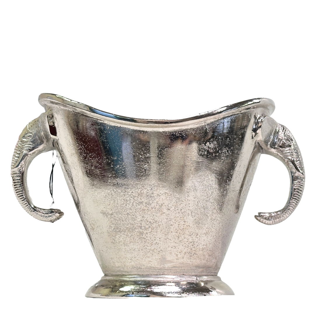 Silver ice bucket with elephant handle on a white background