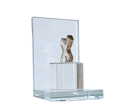 Bookend, Crystal Glass "X" Shaped Amber Bookend on Thick Crystal-Glass Pedestal