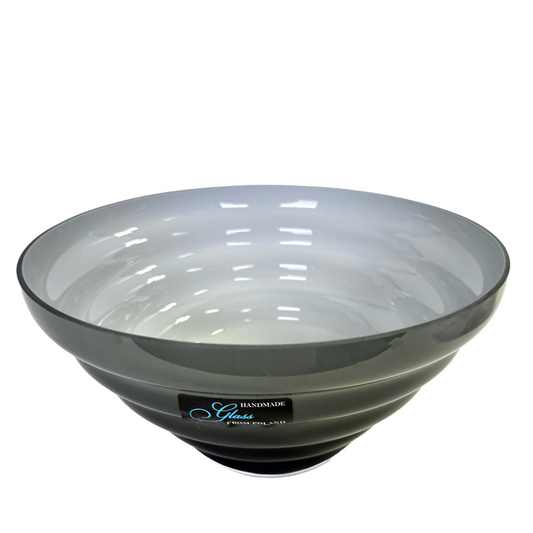 Glass Bowl, Textured Smoked Gray Sage Green, Round Cone Shaped Handmade In Poland