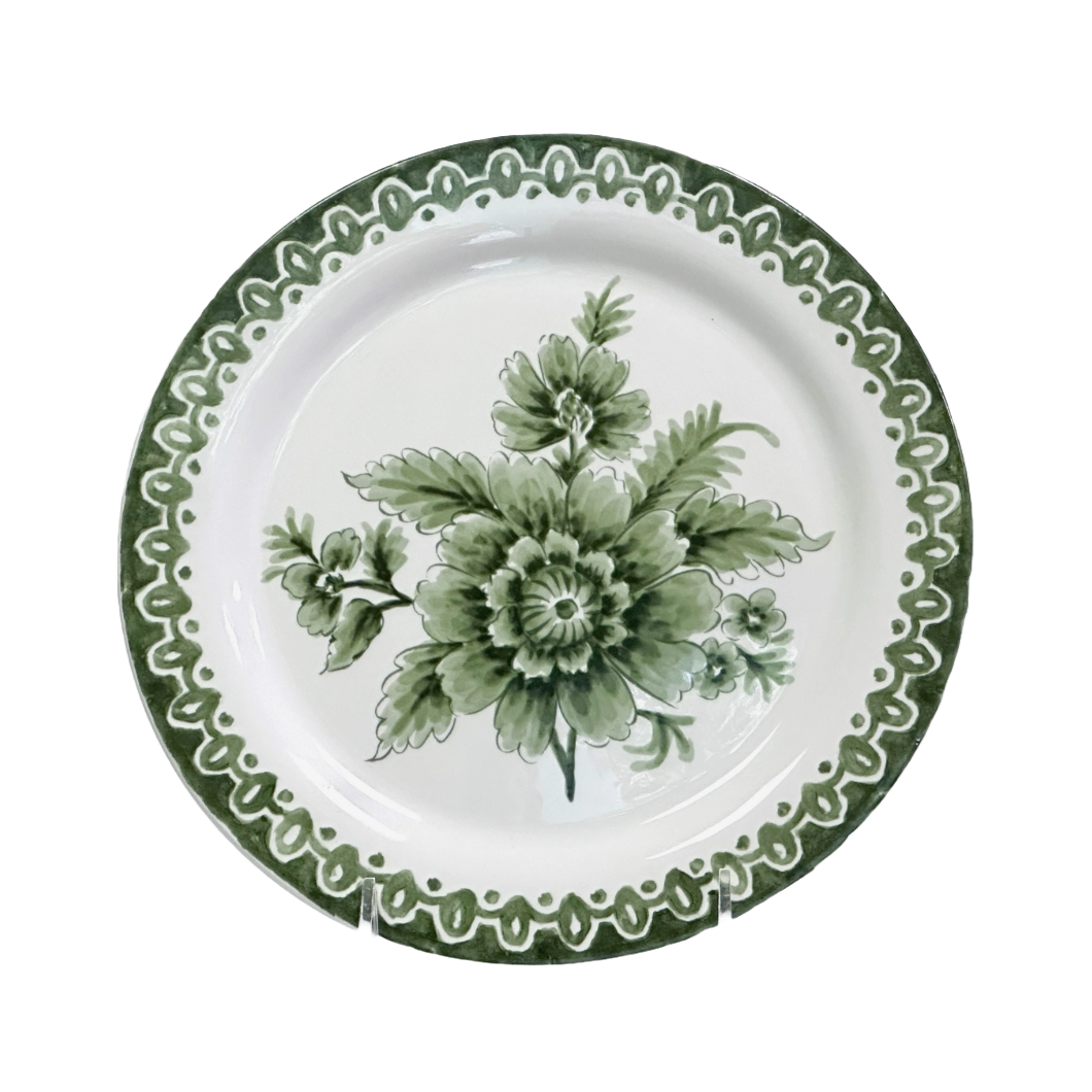 Charming Salad Plates Hand Painted Green Flowers & Green Rim 8.5" Set of Three