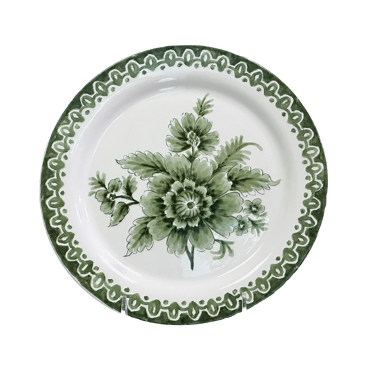 Charming Salad Plates Hand Painted Green Flowers & Green Rim 8.5" Set of Three