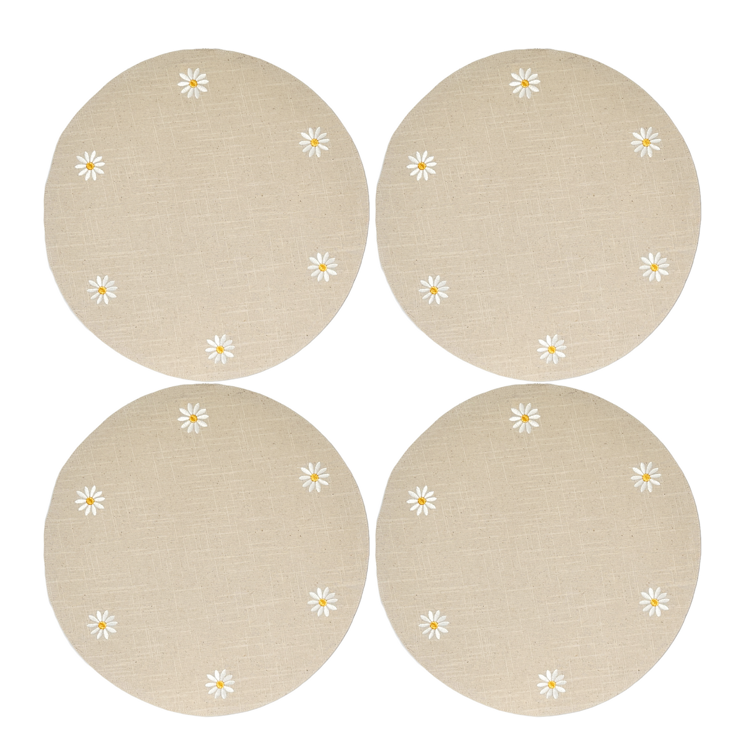 4 pc Round 16" Beige Placemats with Embroidered White Daisies 100% Cotton by Cupcakes & Cashmere