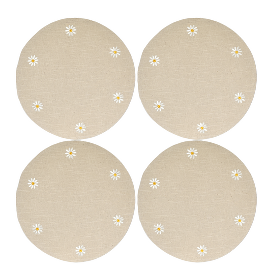 4 pc Round 16" Beige Placemats with Embroidered White Daisies 100% Cotton by Cupcakes & Cashmere