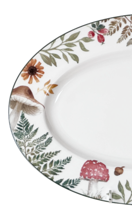 Serving Platter Oval White Bone China Forest Mushroom & Fern Rim by Gracie