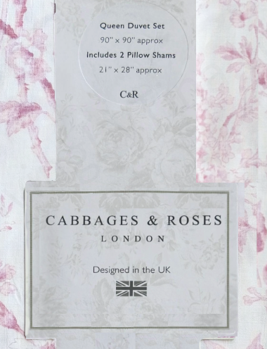 Cabbages & Roses Queen Size London Alderney Raspberry Floral 3 Pc Duvet Cover Shams Set White Pink