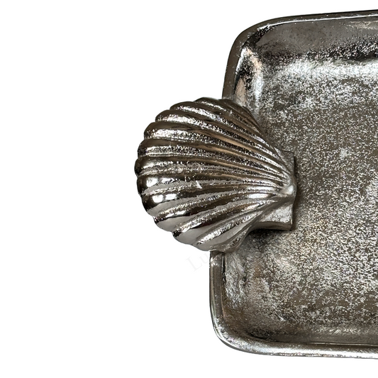 Metal Tray with Clam Handles Silver Rectangle with Glossy Hammered Finish 20"x6"