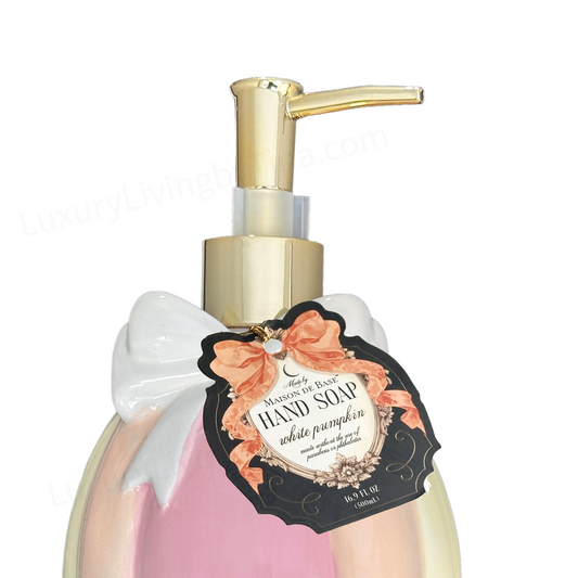 Soap Pump Dispenser Ceramic Pastel Vertical Stripes with White Bow & Gold Pump