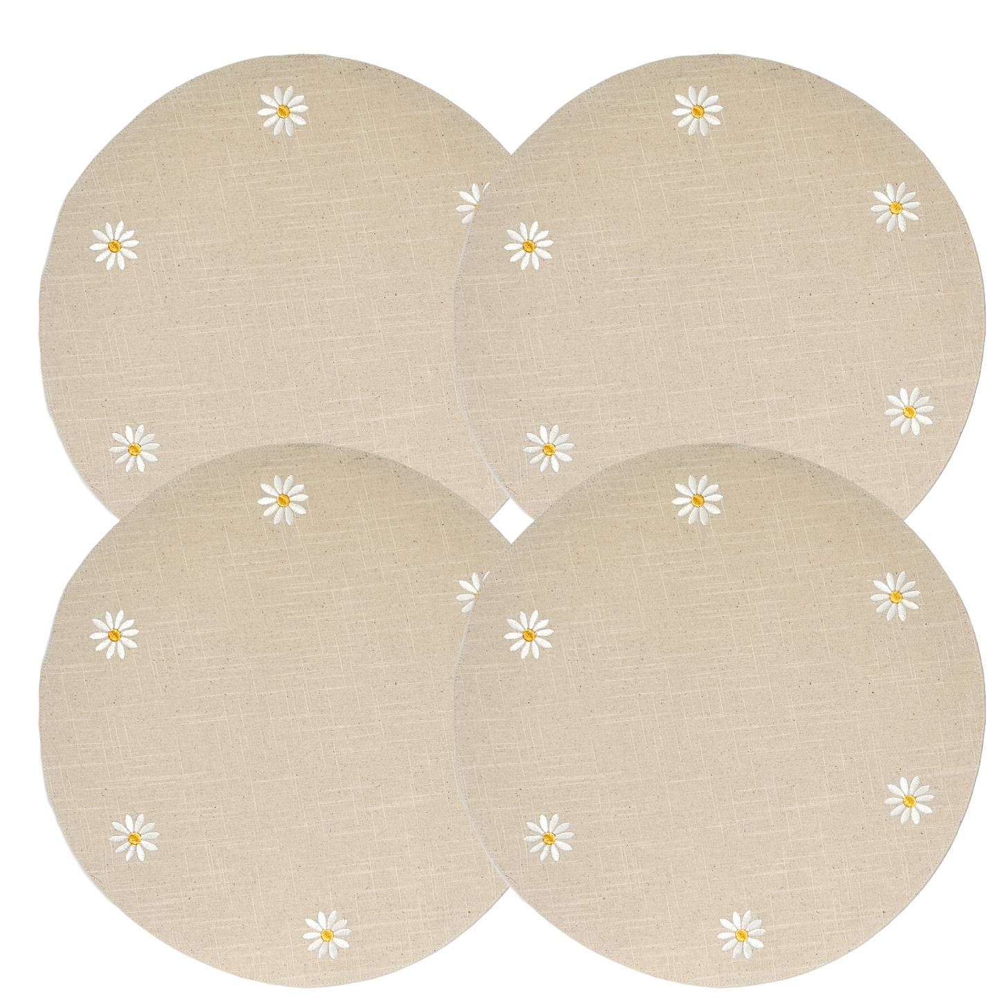 4 pc Round 16" Beige Placemats with Embroidered White Daisies 100% Cotton by Cupcakes & Cashmere