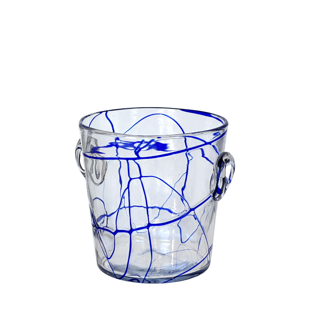 Glass Ice Bucket Champagne Wine Chiller with Royal Blue Swirls and Glass Handles
