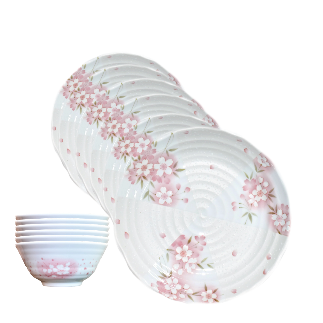 Sakura Cherry Blossoms Pink Waterdrop Japanese Style Dinnerware Set Plate & Bowl