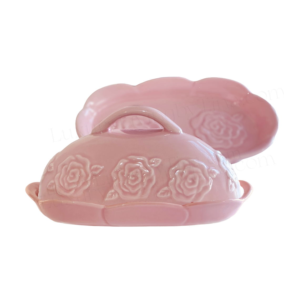 Pink Butter Dish Covered Keeper 8" Ceramic Butter Holder Embossed Roses w/Dome