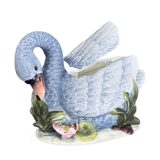 Sugar Bowl or Trinket Box Blue Ceramic Swan on Lily Pad with Pink Flower