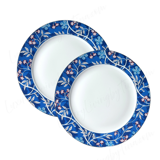 Set of 2 Dinner Plates Blue Morris Pattern by Grace's Teaware, Elegant Rim with Blue Flowers & White Vines