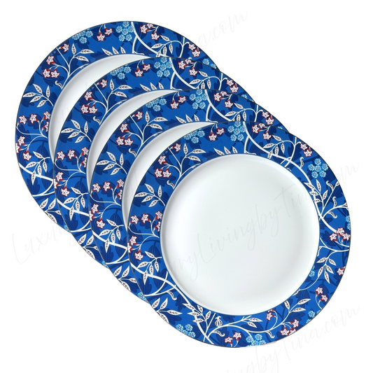 Set of 4 Dinner Plates Blue Morris Pattern by Grace's Teaware, Elegant Rim with Blue Flowers & White Vines