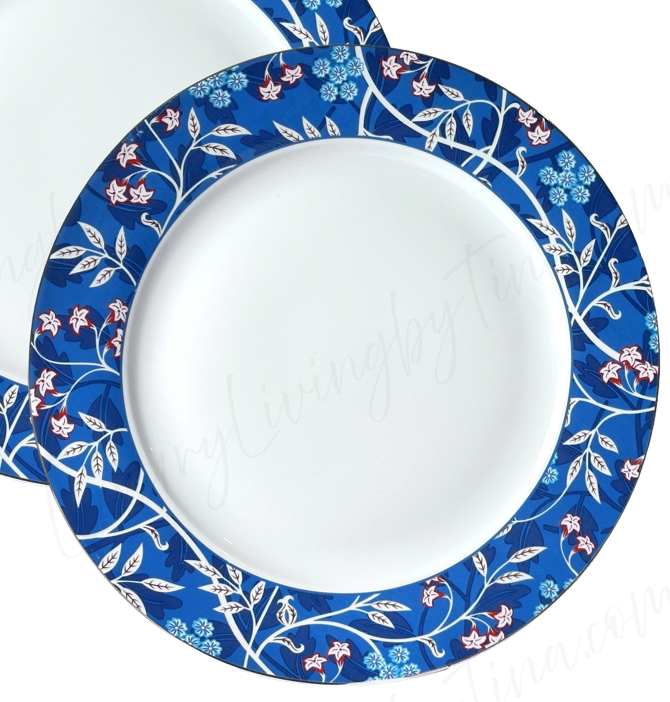 Dinner Plates Blue Morris Pattern by Grace's Teaware, Elegant Rim Blue Flowers & White Vines Set/4